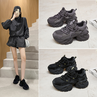 百搭超火增高防滑运动休闲鞋 真皮水钻炸街厚底老爹鞋 女6cm秋新款