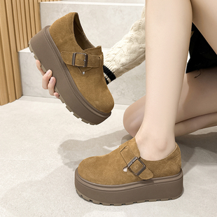 磨砂真皮厚底勃肯鞋女内增高8cm秋冬松糕豆豆乐福鞋加绒保暖棉鞋
