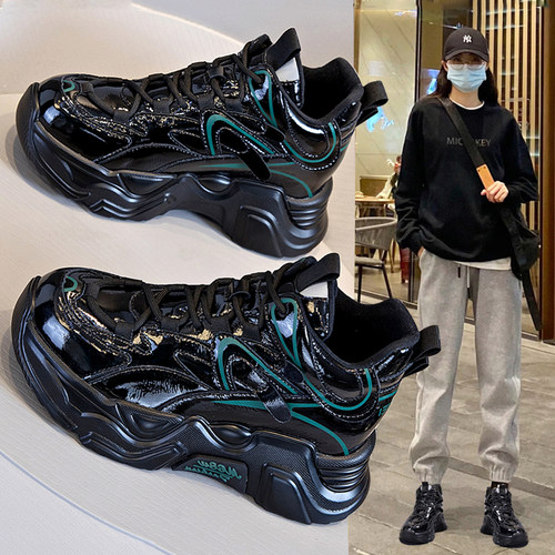 百搭老爹鞋漆皮ins黑色韩版厚底