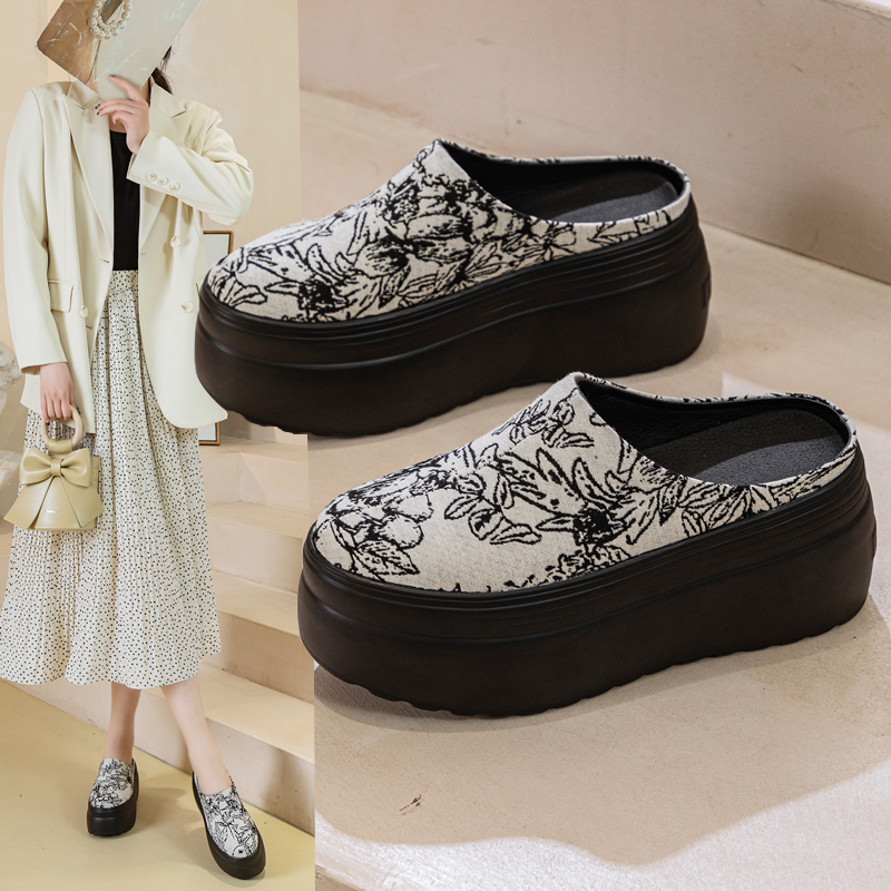 刺绣厚底包头半拖鞋国风外穿凉拖