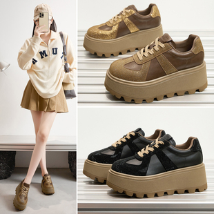 松糕厚底运动休闲老爹鞋 水钻炸街华夫阿甘鞋 女内增高7cm秋冬小码