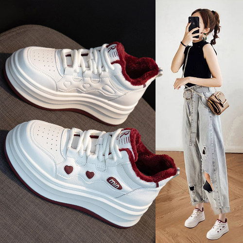 加绒厚底小白鞋增高休闲高帮棉鞋