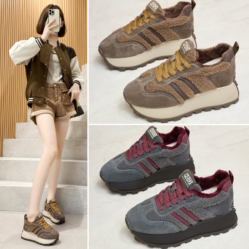 华夫阿甘鞋毛毛棉鞋内增高厚底