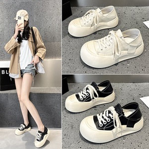 真皮两穿爆款面包鞋女春夏新款轻便百搭小白鞋松糕厚底运动休闲鞋