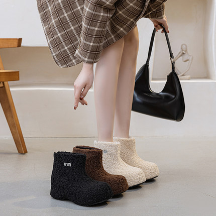 羊羔绒厚底雪地靴女冬季水钻拉链短筒棉鞋增高7cm加绒保暖毛毛鞋
