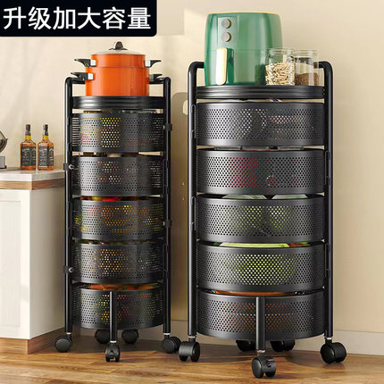 厨房圆形旋转置物架落地多层蔬菜架带轮可移动水果零食收纳架加厚