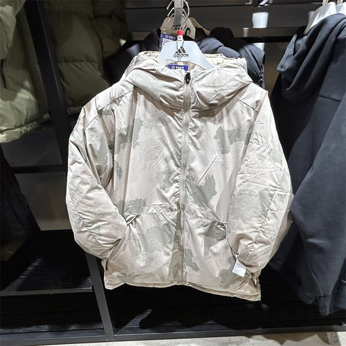 正品Adidas阿迪达斯男子双面穿鸭绒羽绒服保暖连帽夹克外套IS0359
