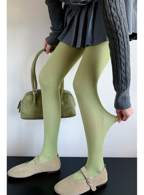 浅绿色打底裤袜女春秋款彩色多巴胺穿搭y2k辣妹棉质竖条纹连裤袜