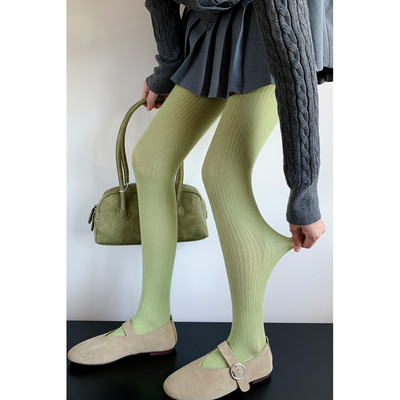 浅绿色打底裤袜女春秋款彩色多巴胺穿搭y2k辣妹棉质竖条纹连裤袜
