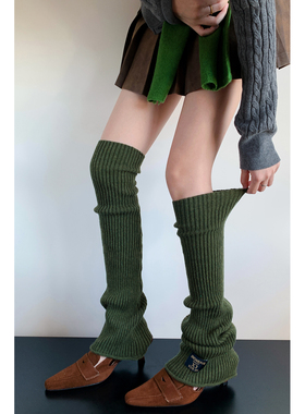 y2k军绿色过膝腿套女秋冬喇叭型布标袜套彩色护膝堆堆袜配鲨鱼裤