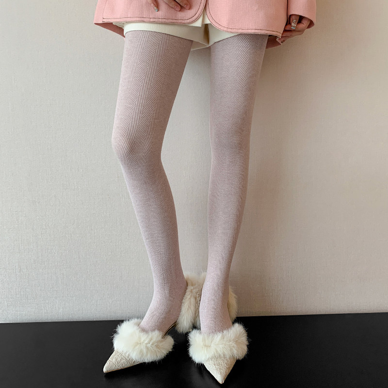 日系JK粉色芭蕾风连裤袜女复古显瘦美腿珠光亮丝菱格纹银丝打底裤