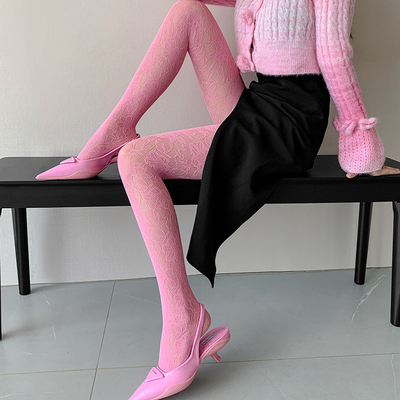 粉色复古蕾丝渔网袜美式丝袜女春秋薄款镂空y2k打底袜白色连裤袜