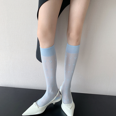 蓝色爱心提花堆堆袜女春秋日系粉色中筒芭蕾风甜辣chic白色小腿袜