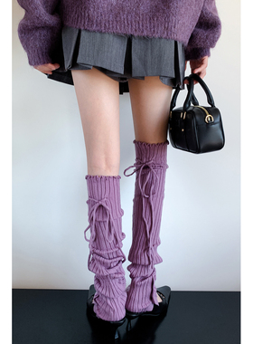 紫色长靴袜套女秋冬绑带蝴蝶结腿套y2k彩色开叉过膝堆堆袜配靴子