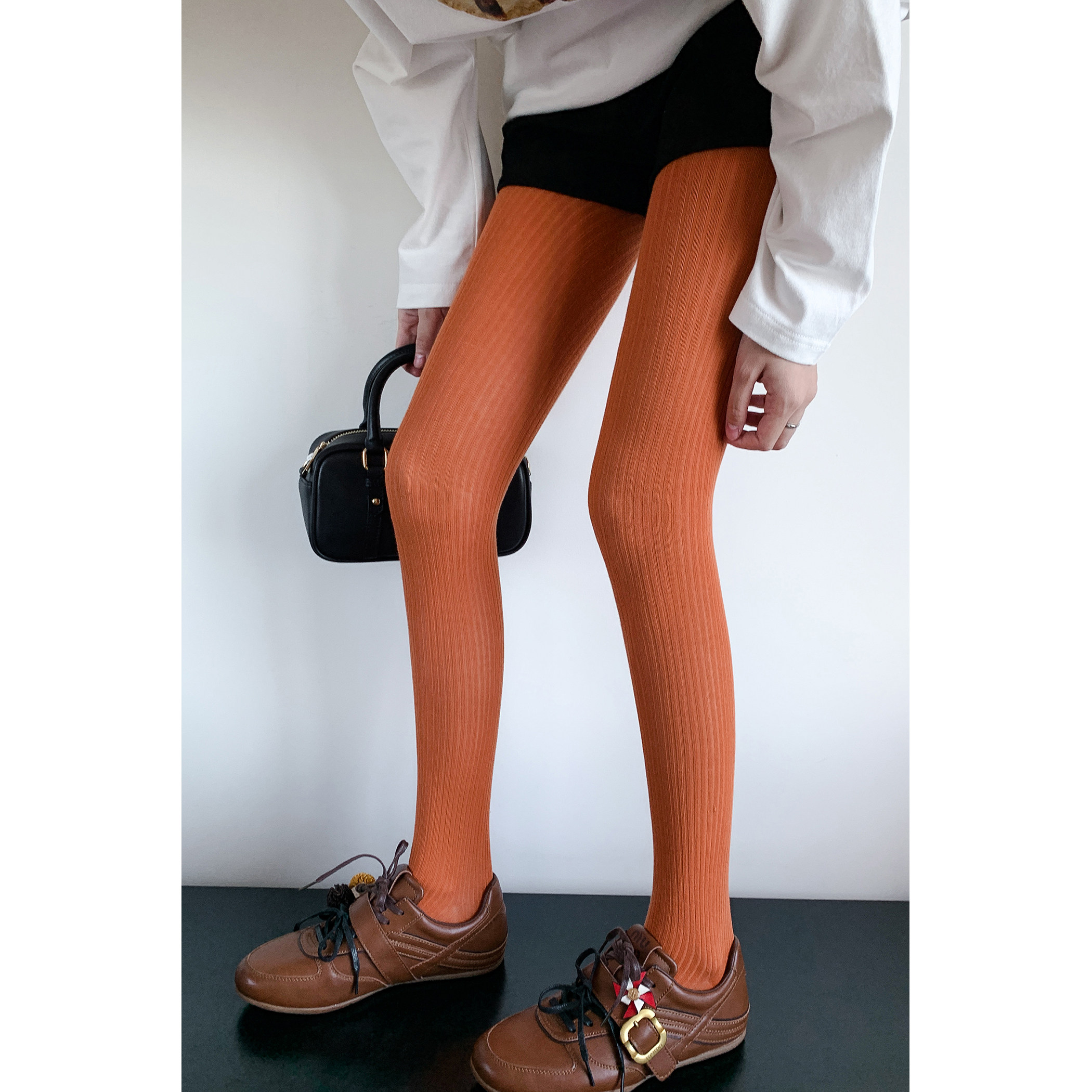 甜辣chic橘色竖条螺纹显瘦连裤袜女秋冬季彩色多巴胺辣妹打底裤袜
