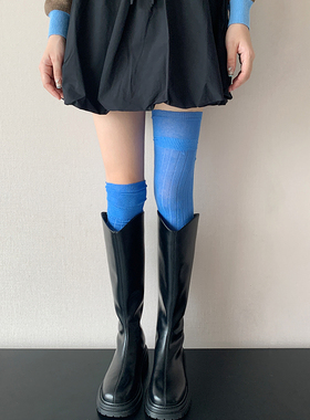 多巴胺克莱因蓝长筒过膝靴袜春秋薄款粉色高筒袜黑色堆堆袜配靴子
