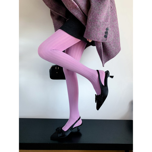 y2k粉紫色连裤袜女春秋天鹅绒高弹丝袜竖条微压显瘦蓝色打底裤袜