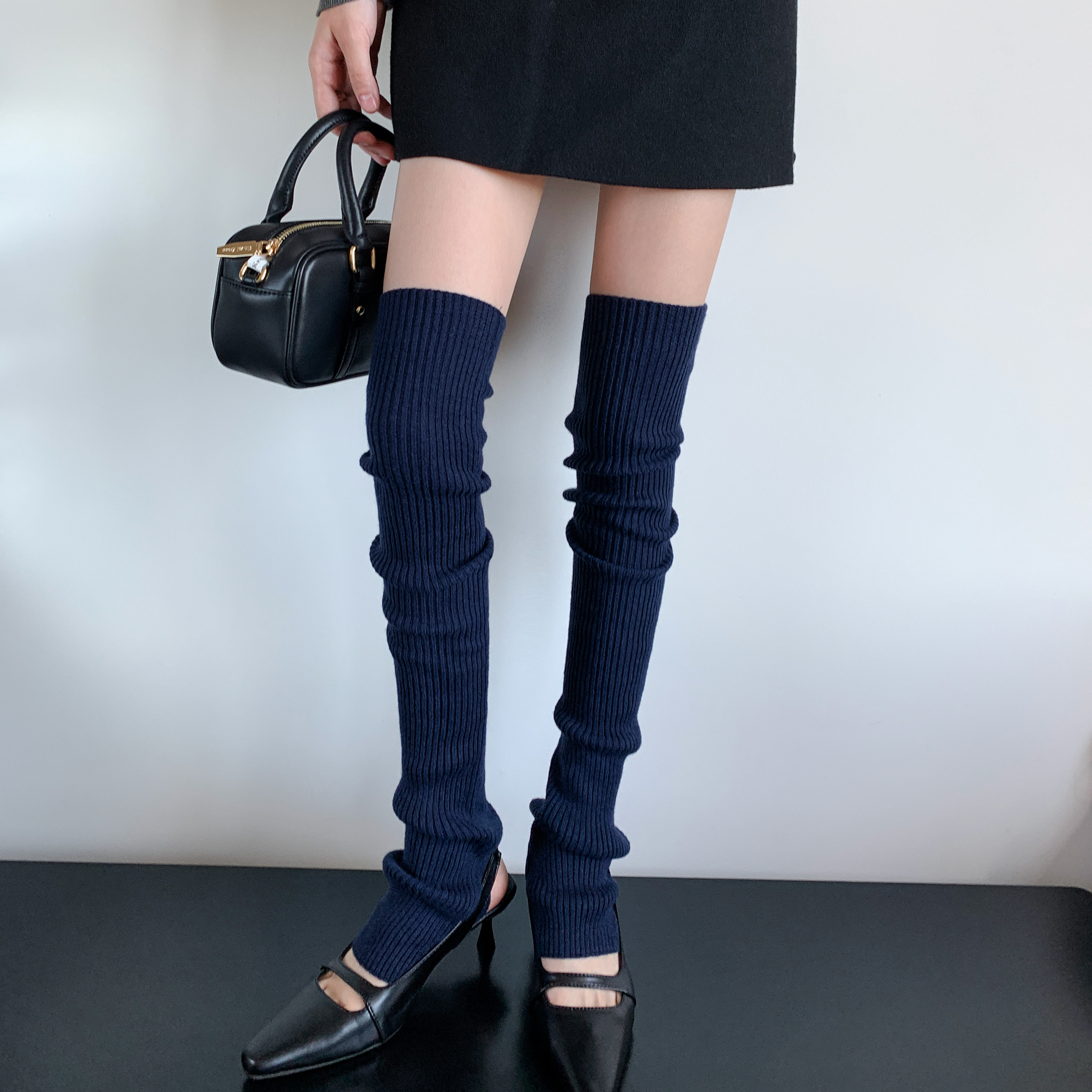 藏青色羊毛袜套女秋冬季竖条保暖瑜伽腿套Y2K针织羊毛过膝堆堆袜