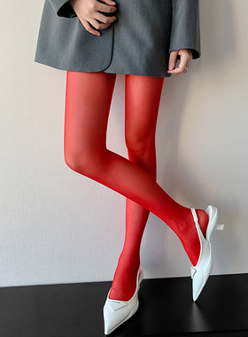 本命年大红色丝袜女夏季薄款防勾丝春秋安可拉红性感酒红色连裤袜