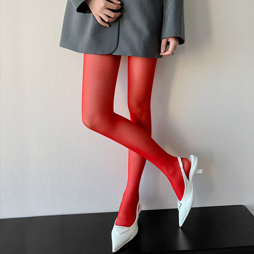 本命年大红色丝袜女夏季薄款防勾丝春秋安可拉红性感酒红色连裤袜