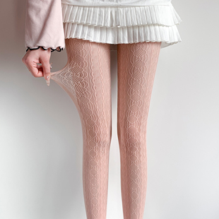 甜辣风chic浅粉色复古丝袜女图腾镂空花纹薄荷漫波绿色打底连裤袜