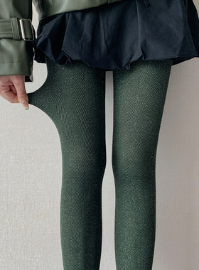 墨绿色复古银丝连裤袜女春秋棉质不透肉中厚水波纹高级感打底裤袜