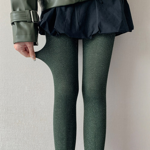 墨绿色复古银丝连裤袜女春秋棉质不透肉中厚水波纹高级感打底裤袜