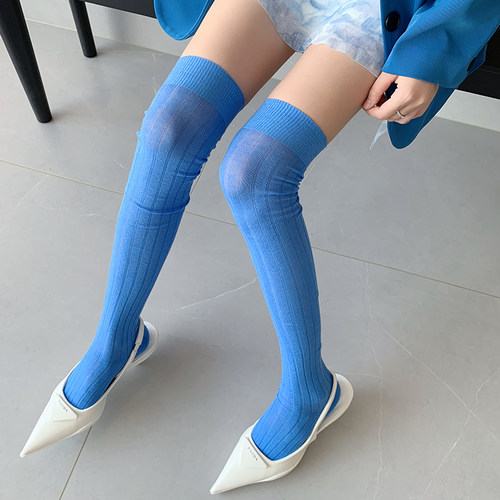 y2k蓝色堆堆过膝长筒袜女春秋薄款棉竖纹白色甜辣chic灰色高筒袜