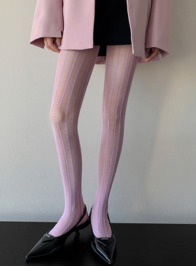 紫色辣妹丝袜菱形镂空蕾丝网袜女春秋季个性提花超薄防勾丝连裤袜