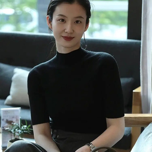法式黑色无缝半高领薄款打底衫五分袖女春秋修身中袖气质内搭上衣