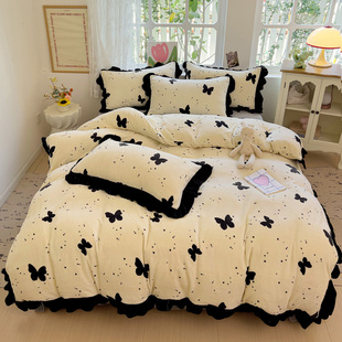 新款牛奶绒印花花边韩版四件套公主风加绒珊瑚绒床单罩被套床笠款