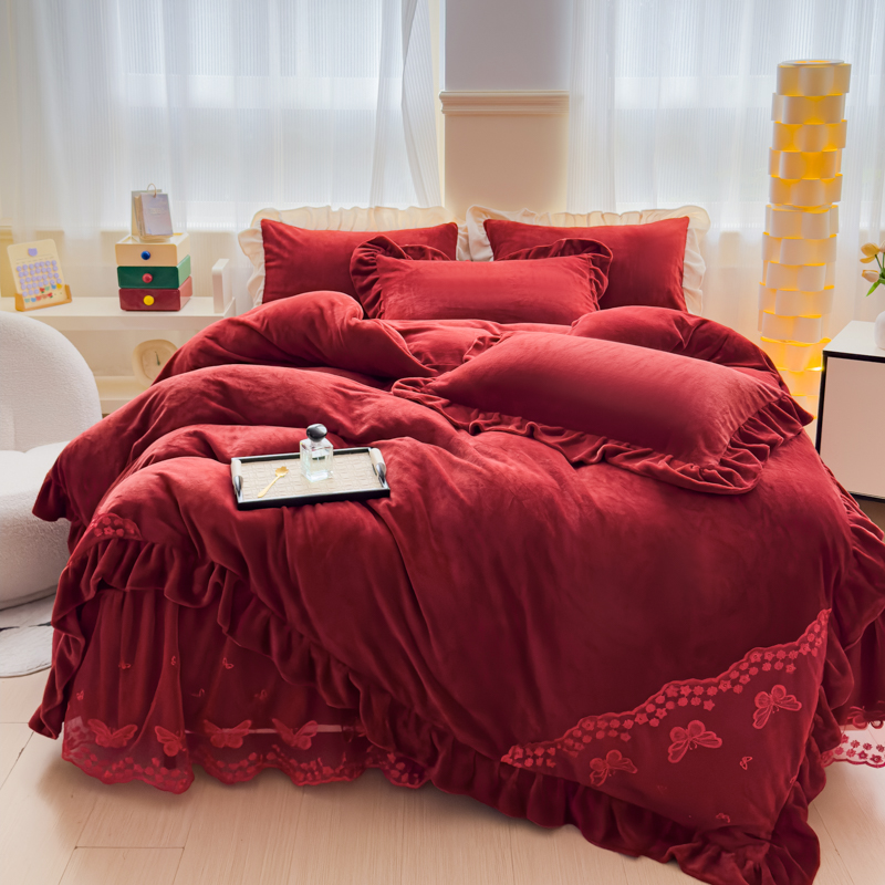 韩版蕾丝牛奶绒床裙四件套公主风婚庆大红花边被套加厚保暖床单罩
