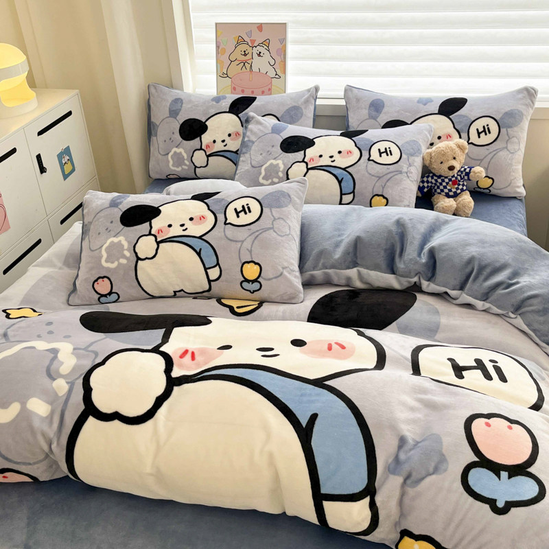 大阪卡通可爱牛奶绒床上四件套冬季双面加绒加厚珊瑚绒被套法兰绒