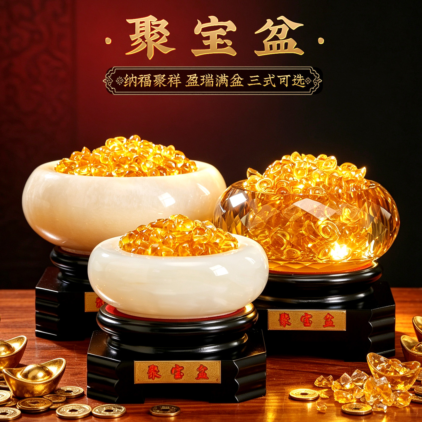 白玉黄水晶聚宝盆招财礼品摆件