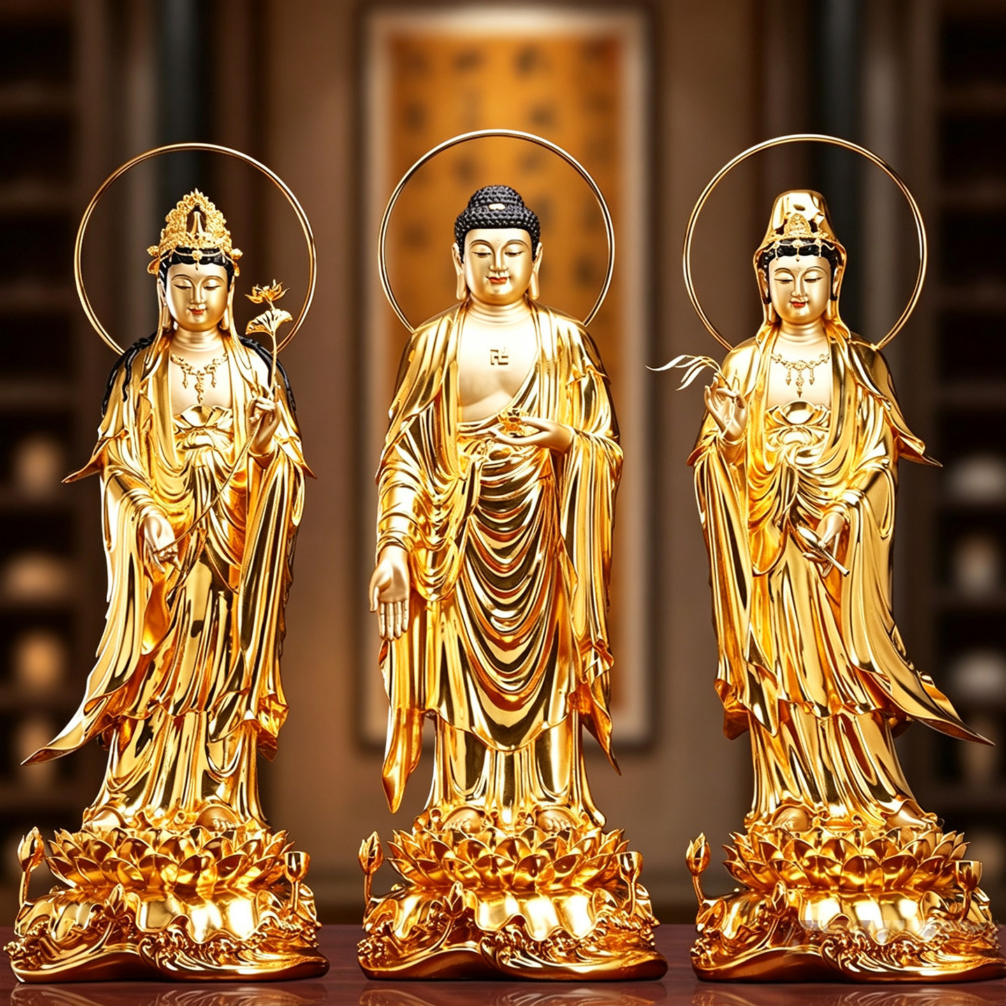 台湾纯铜贴金西方三圣佛像站阿弥陀佛观音大势至菩萨佛堂供奉摆件