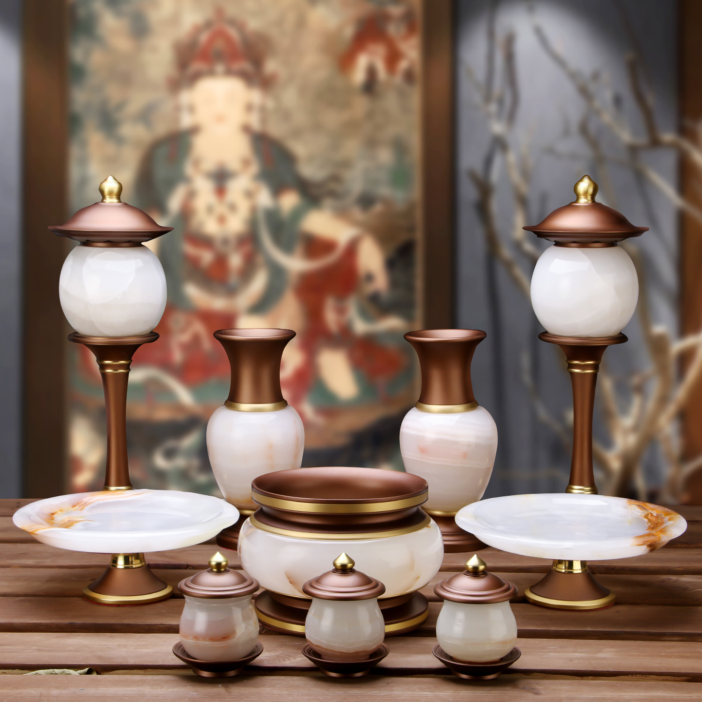 白玉镶铜香炉家用供佛水杯