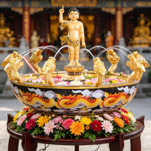 台湾纯铜景泰蓝浴佛盆九龙吐水释迦牟尼佛太子佛寺院佛诞供奉摆件