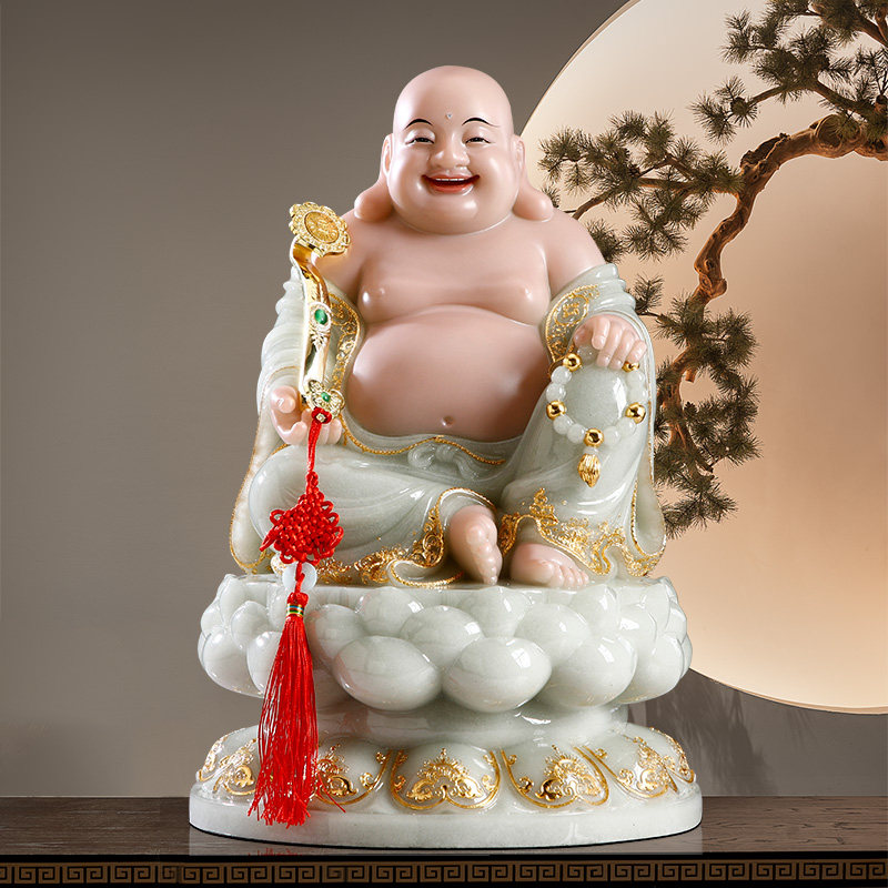 汉白玉弥勒佛菩萨大肚笑佛招财摆件翠玉镶金圆满笑佛佛像佛堂供奉