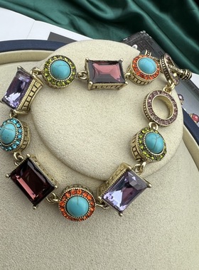 H款中古vintage复古做旧 宝石水晶 民族手工镶嵌手链