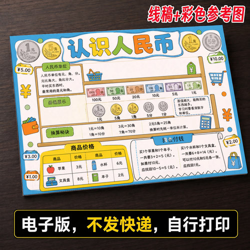 认识人民币元角分数学手抄报小学生手抄报模板大全线稿可打印659