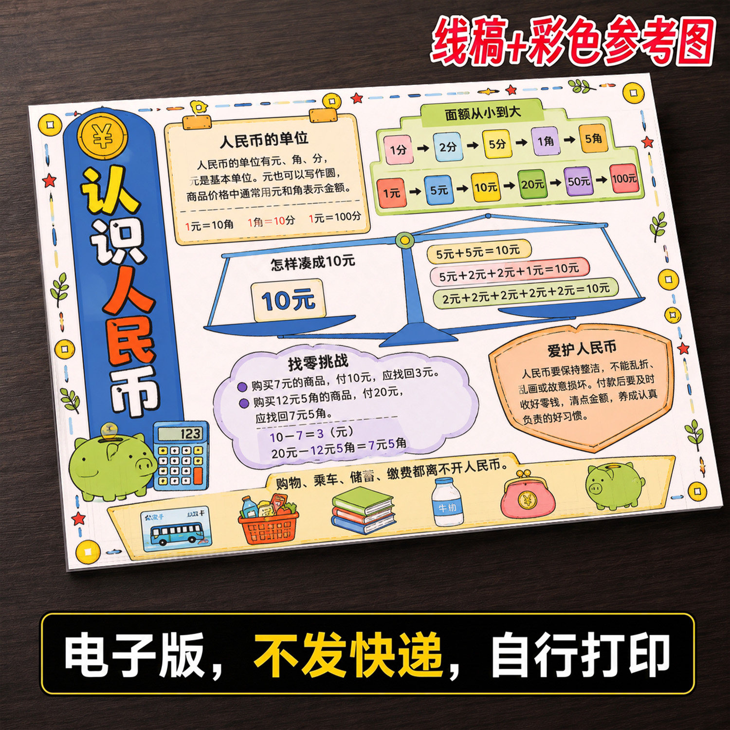 认识人民币元角分数学手抄报小学生手抄报模板大全线稿可打印604