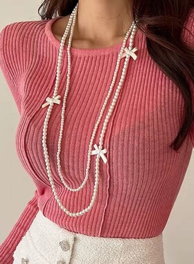 长款珍珠蝴蝶结叠戴双层毛衣项链