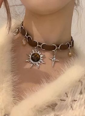 金属皮质编织棕色太阳花项圈颈链