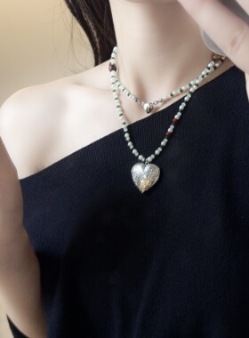 长款叠戴彩色串珠爱心吊坠项链