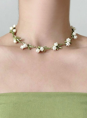 森系白色铃兰花珍珠项链锁骨链女