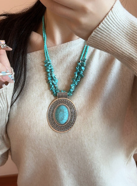 vintage大圆盘吊坠绿松碎石项链