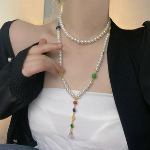 中式国风珐琅彩高档珍珠多宝斜挎叠戴长款项链叠戴毛衣链璎珞配饰