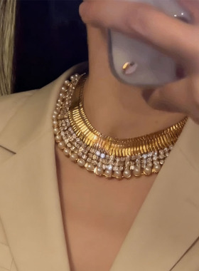 复古金色链闪钻珍珠项链锁骨链