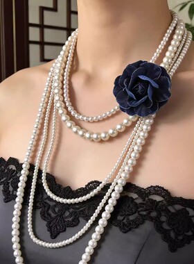 叠戴珍珠蓝色花项链复古旗袍颈链