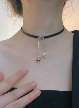 珍珠皮质流苏女金属球锁骨链项链